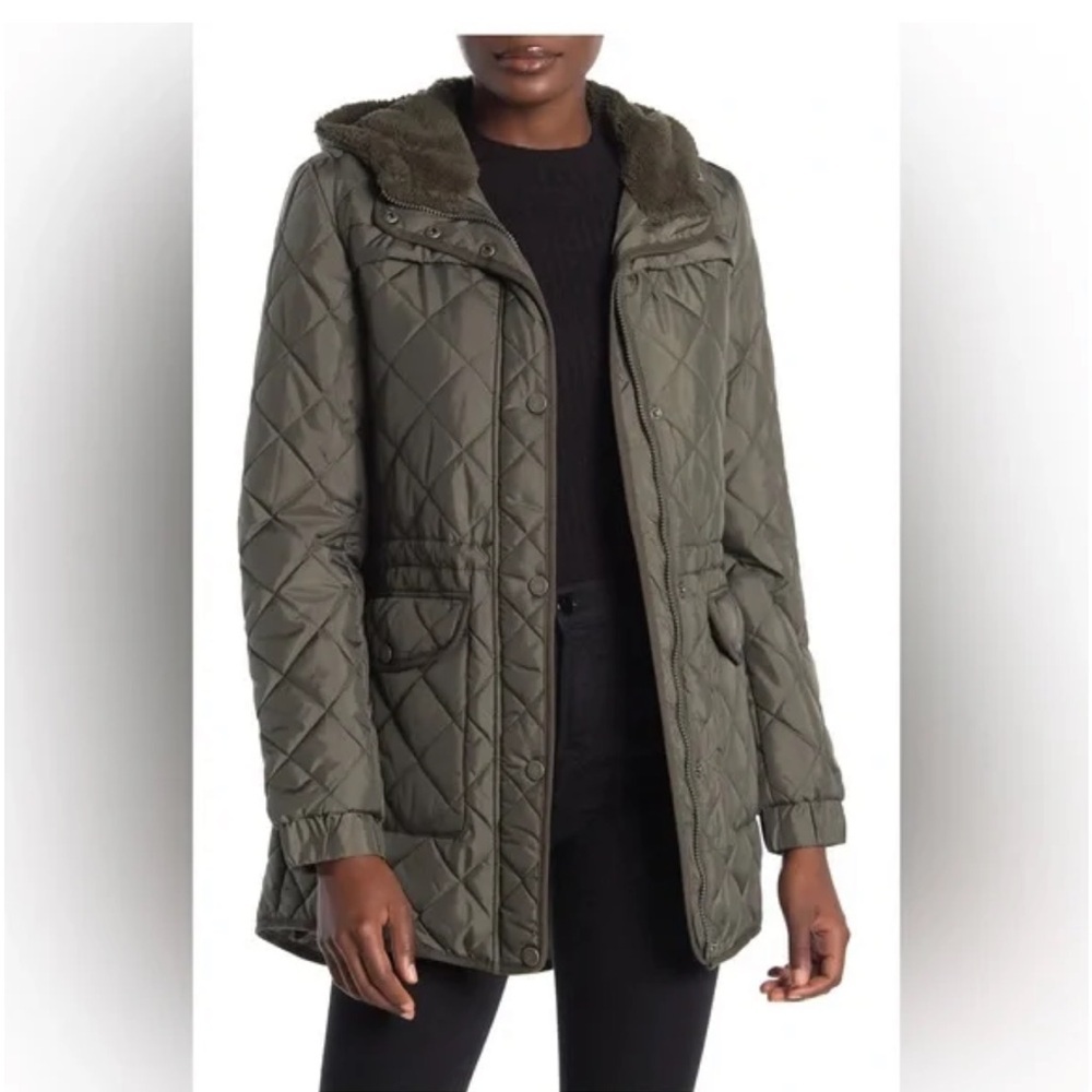 Lucky Brand‎ Faux Shearling Lined Hood Quilted Zip Jacket Women’s SZ Small Olive